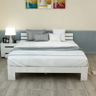 Zdjęcie produktu dla Łóżko podwójne z litego drewna, wymiar 140 x 200 cm, z zagłówkiem i stelażem, wykonane z drewna sosnowego w naturalnym wykończeniu (bez materaca)