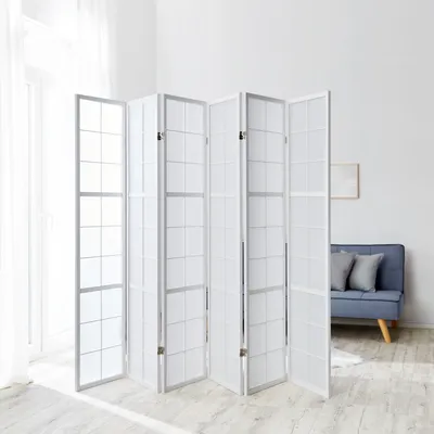 Produktbild von Homestyle4u 440, Paravent Raumteiler 6 teilig, Holz Weiss, Reispapier Weiß, Höhe 175 cm