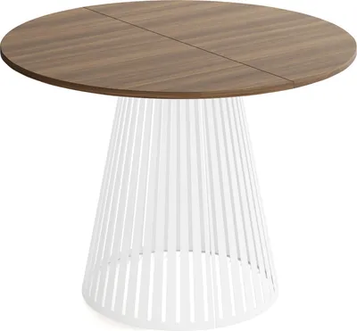 Produktbild von Esstisch Rund Ausziehbar mit Lamellen im Loft-Stil – 100 bis 180 cm – Industrieller Tisch mit Weißen Metallbeinen, Platzsparend für Wohnzimmer oder Esszimmer – Walnuss Braun