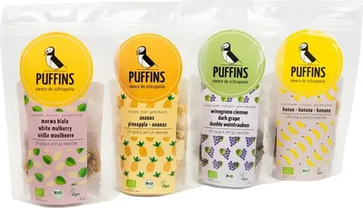 Image de PUFFINS : Fruits secs. Contient : mûres, raisins, ananas, bananes. 4 x 40g