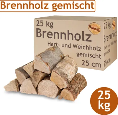 Obrázek produktu pro Palivové dřevo Smíšené palivové dřevo 25 kg Buk Dub Bříza Borovice Smrk Dřevo pro kamna a krb Ohniště Miska na grilování Palivové dřevo 25 cm Komorové dřevo Sušené Flameup