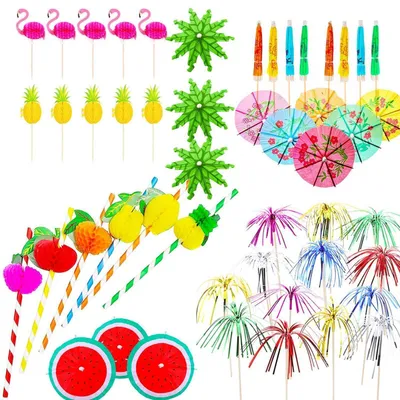 Productafbeelding van 120 kleurrijke ijsbeschermers en ananas-rietjes, cocktailaccessoires voor zomerfeestjes