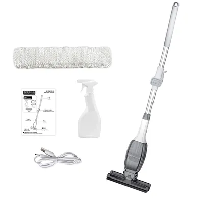 A collection of items for cleaning windows, including a mop, spray bottle, microfiber cloth, charging cable, and instructions.