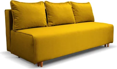 A yellow sofa with three cushions is shown against a white background.
