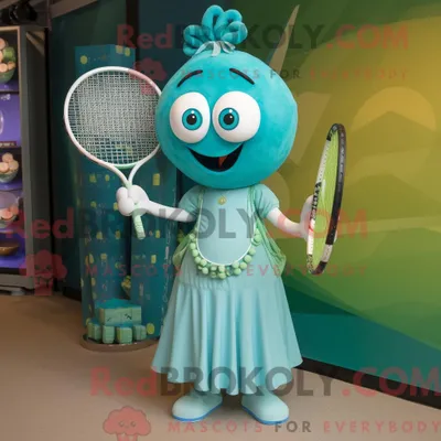 Image de Personnage mascotte REDBROKOLY d une raquette de tennis cyan habillée d une robe longue et de colliers