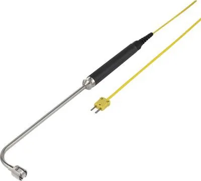 A close-up studio shot of a temperature probe with a black handle and silver probe end, connected to a yellow wire with a K-type connector.