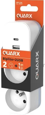 Image de Adaptateur Électrique 2P 16A QUARX Biplite, Avec USB-A, USB-C, Conforme NF, 3680W