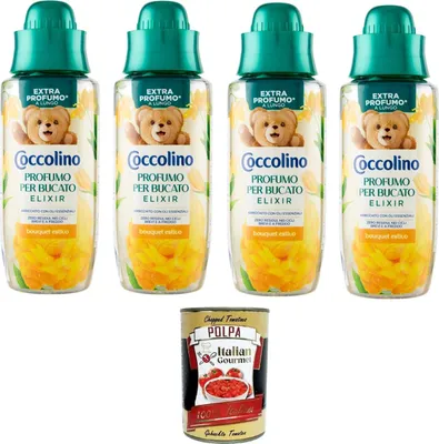 Produktbild von Coccolino Profumo per Bucato Elixir bouquet estivo Wäscheparfüm Elixier Sommerstrauß 4x342 ml + Italian Gourmet polpa 400g