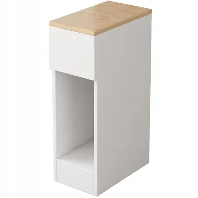 A narrow white nightstand with a wood-tone top and an open shelf.