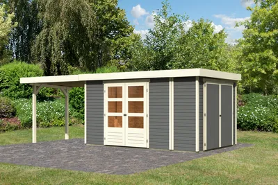 Produktbild von Gartenhaus Retola 6 : 2,80m breit : Terragrau Anbaudach: 2,80m breit Farbe: Terragrau