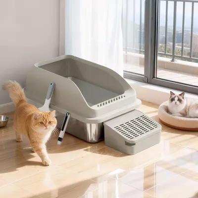 Produktbild von FEANDREA Katzenklo, Katzentoilette, mit hohen Seitenwänden, geräumig, Schaufel, Bürste, kaffeebraun