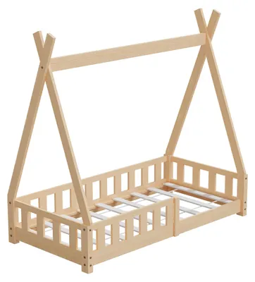 Produktbild von HAGO24 Kinderbett 160x80cm Natur Tipi Bettgestell Holzhaus Zeltoptik Rausfallschutz Lattenrost Kiefernholz Dekorierbar Montessori Stil Spielbett