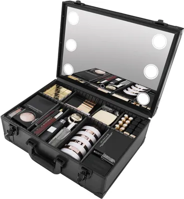 Zdjęcie produktu dla Organizer kosmetyczny Kuferek kosmetyczny Kuferek fryzjerski Czarny Kuferek kosmetyczny Kuferek kosmetyczny z lampkami LED Lusterko uchylne Prezent
