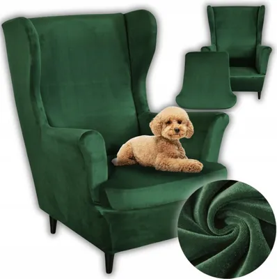 A green wingback chair with a dog on it, and inset images of the chair cover and fabric.