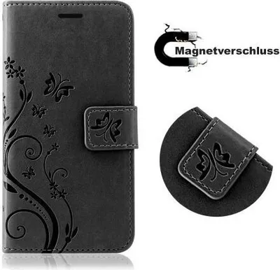 Produktbild von Handy Tasche für Samsung Hülle Handyhülle Blumen Flip Cover Wallet Case Etui Galaxy A6 2018 Schwarz