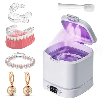Image de Nettoyeur à ultrasons Zimilo avec stérilisation UV, cuve en acier inoxydable de 319 ml, 5 modes de nettoyage, nettoyeur pour bijoux et lunettes, silencieux et compact, blanc