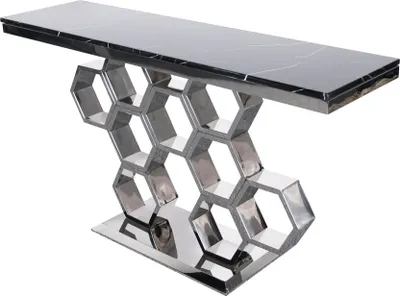 Productafbeelding van FURNLUX Console Tafel, Model Modig, marmerlook, zwart en zilver. Afmetingen: 150 x 80 x 40 cm. Hoofdkleur: zwart