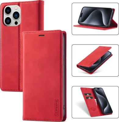Image de Étui en cuir pour iPhone 15 Pro, avec fonction de support et porte-cartes, étui portefeuille design rouge