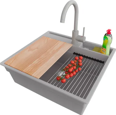 Produktbild von PRIMAGRAN Granitspüle Grau 58x53cm, Spülbecken 1 Becken + Küchenarmatur 32x20cm + Ablauf-Set + Küchenzubehörset, Küchenspüle ab 60er Unterschrank - Oslo Pocket
