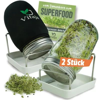 Produktbild von Vitaja Sprossenglas Keimglas 2er Set mit Keramikschale - Set für Sprossen Anzucht - (inkl. Abdunklungshülle) - Keimgläser für Sprossenzucht Anzuchtset