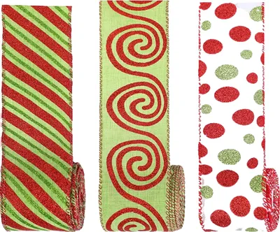 Produktbild von Yards (ca. 4,5 m) langes, verstärktes Weihnachtsband (6,3 cm breit), rot-grün gepunktet/gestreift/wirbelt, ideal zum Verpacken von Weihnachtskränzen, Geschenken und für DIY-Bastelarbeiten