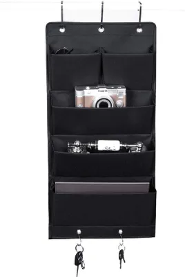 Productafbeelding van Ibenzoa® Ruimtebesparende, ophangbare deurorganizer – 5 vakken, 600D Oxford-materiaal, waterafstotend, opvouwbaar, met 3 deurop hangers + metalen haak, afmetingen 32 x 36 x 3,9 inch, gewicht 0,70 kg