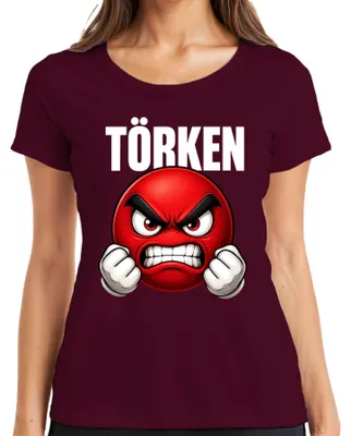Produktbild von TÖRKEN wütender Emoji rot geballte Fäuste Comic Damen T-Shirt roter Smiley Comic grunge, Burgundy, L