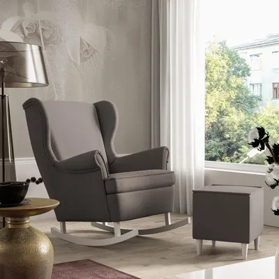 Produktbild von Schaukelstuhl mit Fußstütze ROSS gepolstert hohe Rückenlehne Accent Glider Rocker für Wohnzimmer mit Armlehne, Weiße Holzbeine - Stoff Trinity 05