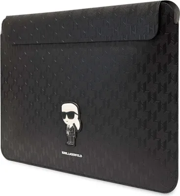 A black laptop sleeve with a Karl Lagerfeld Ikonik character logo.
