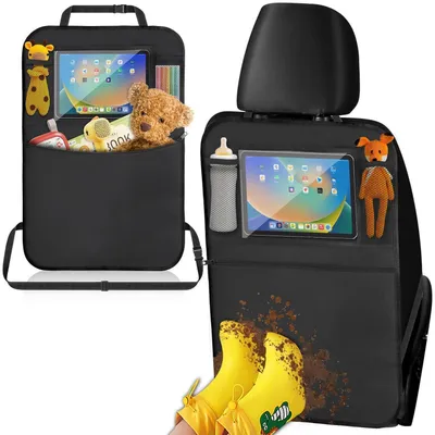 Obrázek produktu pro Organizéry do auta na opěrku sedadla, ochrana opěrky, pro děti, 2 kusy, černé, s přihrádkou na tablet a kapsou na zip