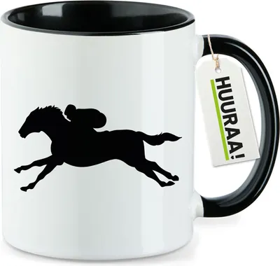 Produktbild von Huuraa Kaffeetasse Pferderennen Silhouette 330ml Schwarz Keramik Kaffeebecher Geschenkidee