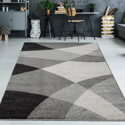 A modern living room or home office setting with a rug, desk, chair, and shelving.