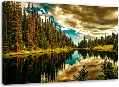 Produktbild von Leinwandbild wald an einem bergsee landschaft 120x80 cm Feeby grün wandbild bereit zum aufhängen