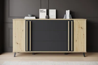Produktbild von MINIO go for it, Kommode "HURON", 150 cm, 2 Türen, 3 Schubladen, Push-to-Open, mit Füßen, Artisan Eiche / Schwarz Farbe