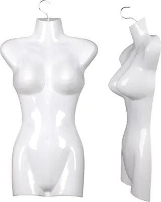 Produktbild von 2er Set Torso Weiblich - 66 cm Damentorso aus Kunststoff - Oberkörper Halbplastik in Farbe weiß - Mannequin Büste - Halbplastischer Damenbody - Puppe Figur - Schaufensterpuppe mit Haken