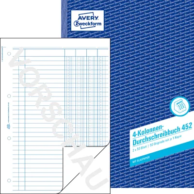 Produktbild von Avery Zweckform 452, Kolonnen-Durchschreibbuch, 4 Kolonnen, A4, mit Blaupapier, 2x50 Blatt