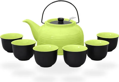 Produktbild von Nelly Teeset / Teeservice / Teekanne Keramik 1,5l mit Sieb und 6 Teetassen 120ml, grün/schwarz
