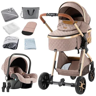 Productafbeelding van 3-in-1 kinderwagen - Combinatie kinderwagen met babyzitje - Hoge zitpositie - Lichtgewicht aluminium frame - Opvouwbaar met één hand - Omkeerbare zitting - Khaki