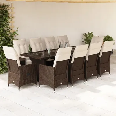 Produktbild von 11-tlg. Garten-Bistro-Set mit Kissen Braun Poly Rattan, Gartenmöbel-Sets 2024 Neu