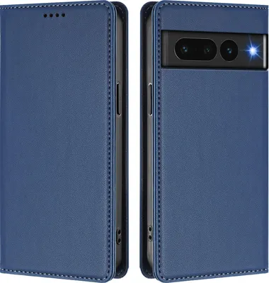 Image de Étui en cuir pour Google Pixel 7 Pro, étui à rabat magnétique en cuirPolyuréthaneavec support, bleu foncé