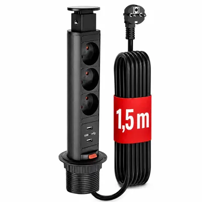 Produktbild von STOLMET Tower Power Schwarz Tischsteckdose versenkbar, 3x Typ E mit Erdungsstift, 2x USB, 2 m Kabel, Komplett für Tischplatte Küche Büro Arbeitsplatte