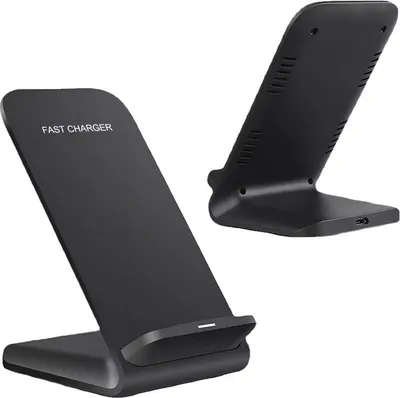 Two views of a black wireless charging stand against a white background.