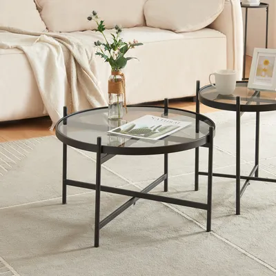 A living room setting with a couch, rug, and two glass-topped coffee tables.