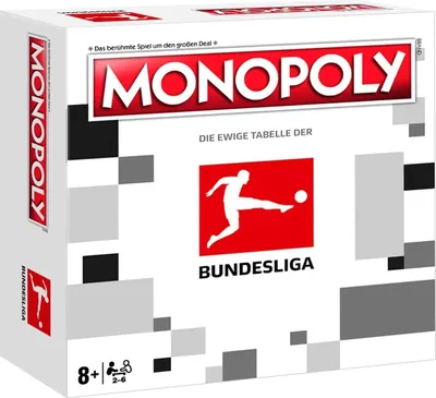 The image shows the packaging of a Monopoly board game with a Bundesliga theme.
