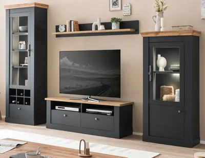 Produktbild von Wohnwand "Ribera" in grau und Wotan Eiche Landhaus Wohnzimmer Set 300x200 cm, Soft-Close