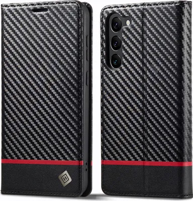 Image de Etui pour Samsung Galaxy S23 Etui en cuir carbone avec porte-cartes, aimant et support noir Horizontal rouge