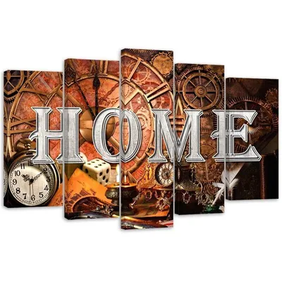 Image de Tableau en toile 5 pièces horloges rétro et inscriptions « home » 100 x 70 cm Feeby brun tableau mural prêt à accrocher