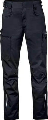 A pair of black work pants with cargo pockets and reflective accents.