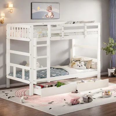Immagine prodotto di Letto a castello in legno con contenitore, letto per bambini 90 x 200 cm, letto a castello doppio bianco con recinzione alta anticaduta, smontabile in due letti singoli