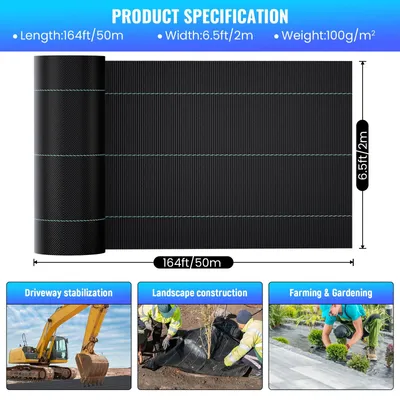 Image de Tissu anti-mauvaises herbes et toile de paillage - 2 rouleaux de 50 mètres - 100 g/m² - Film tissé en polypropylène anti-mauvaises herbes - Perméable à l'eau - Résistant aux UV - Extra résistant